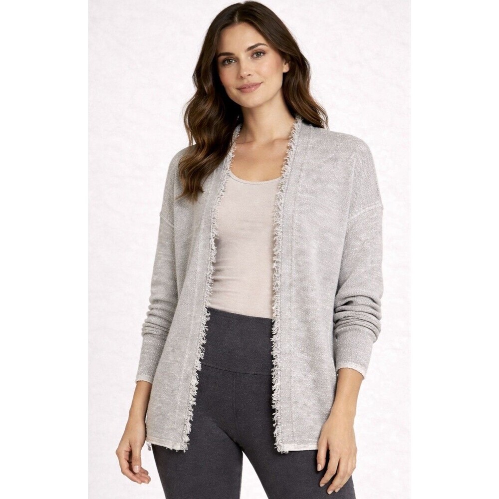 Free People Open Knit Cardigan Sweater Gray White Cotton Blend Sz Small S EUC